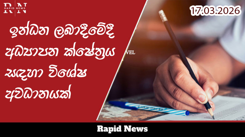 මේ දිනවල සාමාන්ය පෙළ පිළිතුරු පත්ර හැඟීම් ද සිදුවන බැවින් ඉන්ධන ලබාදීමේදී අධ්යාපන ක්ෂේත්රය සඳහා විශේෂ අවධානයක් යොමු කිරීමට රජය කටයුතු කළ යුතු බව ලංකා ගුරු සංගමය පවසයි. 1 ed